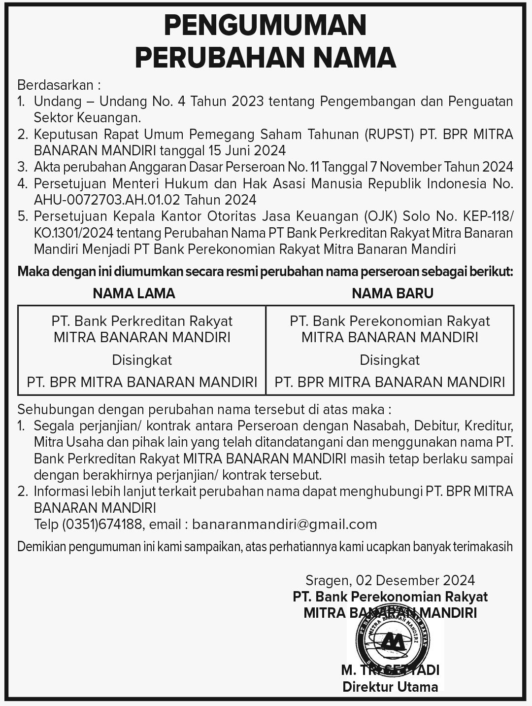 Pengumuman Penting BPR